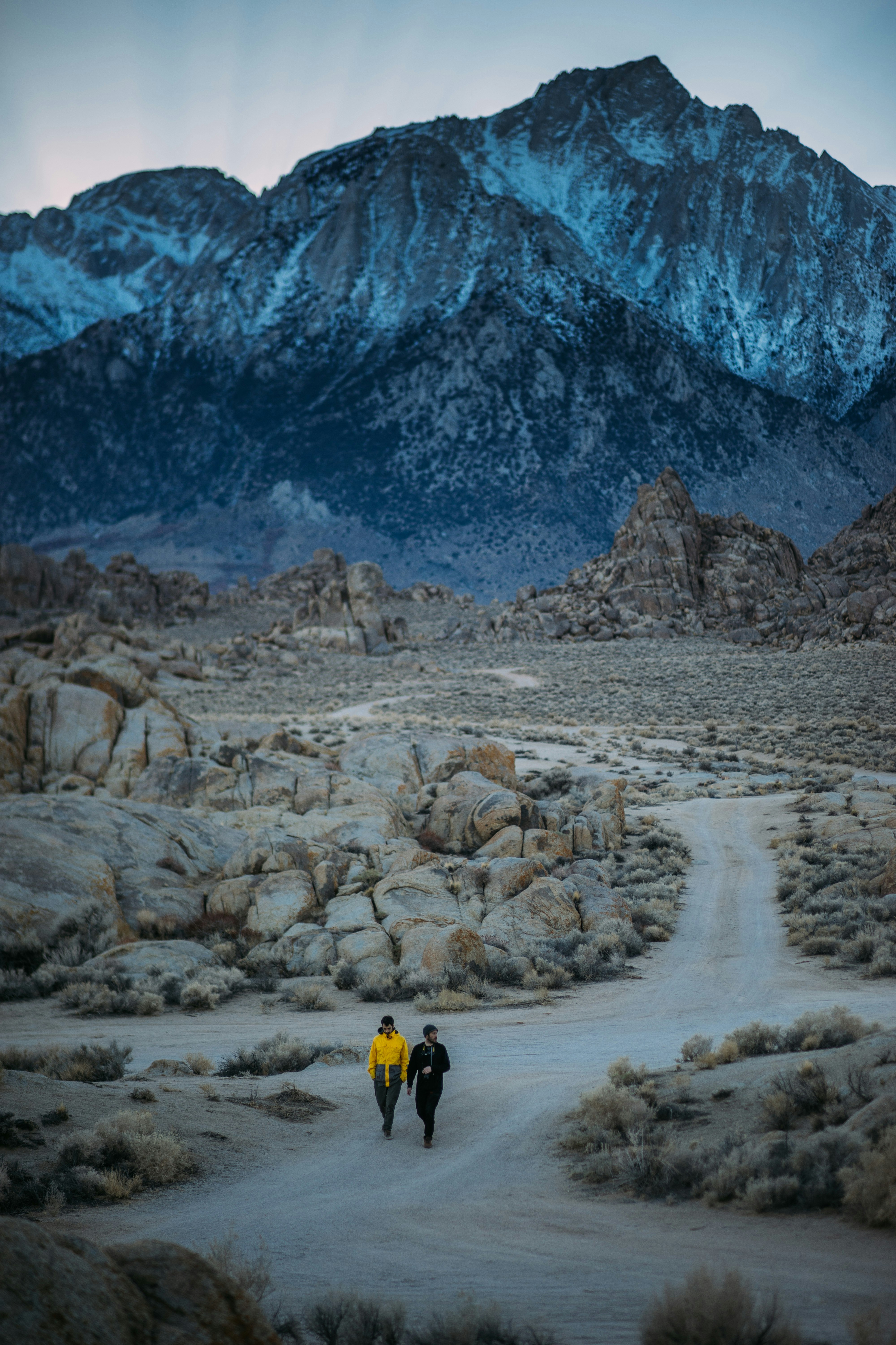 two men walking on pathway near mountain